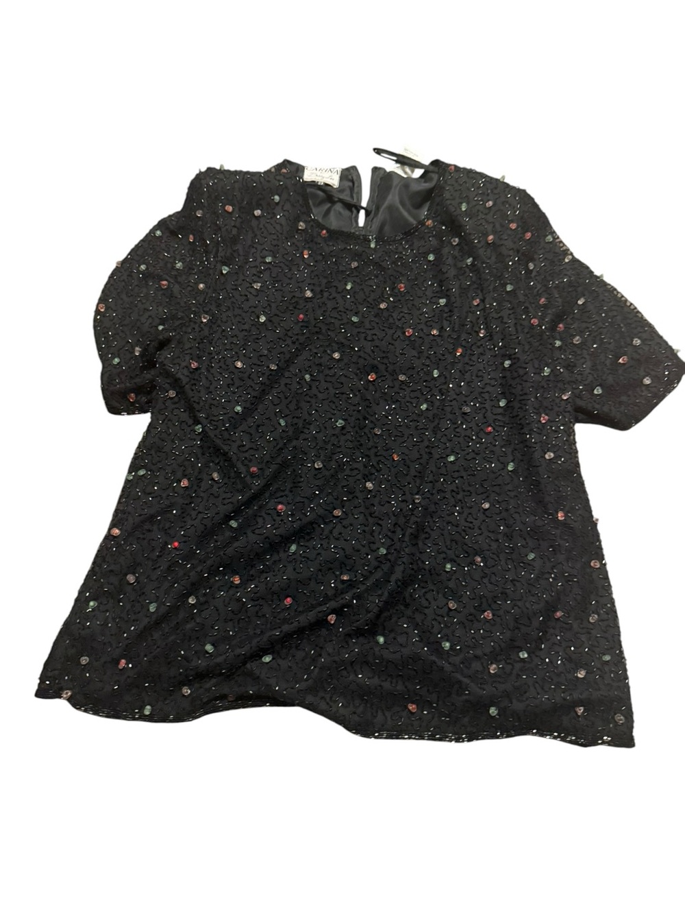Carina by Barry Lee Vintage Black Beaded Short-Sleeve Evening Dress